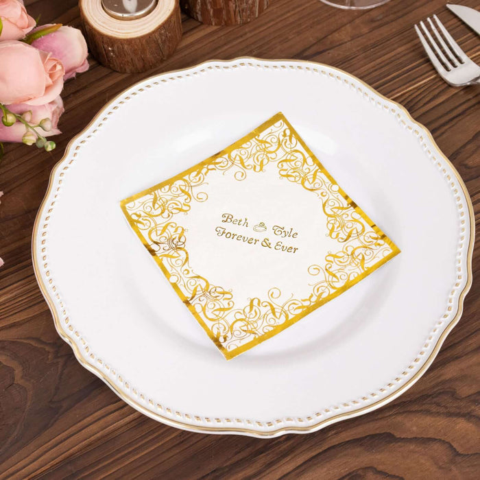 Personalized wedding napkin with elegant gold design on a white plate.