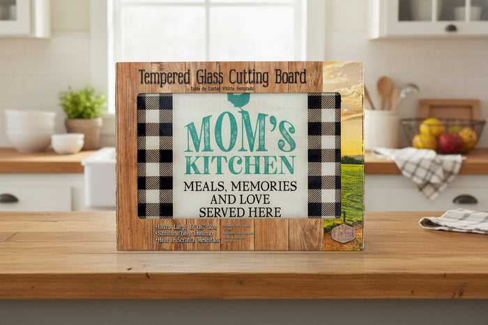 12" x 16" Mom's Kitchen "Meals, Memories, and Love Served Here" Tempered Glass Cutting Board