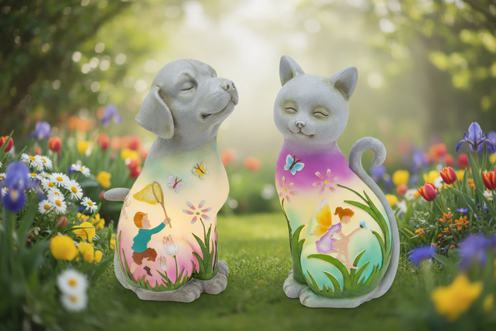 12"H Solar Lighted Resin Enchanted Dog & Cat