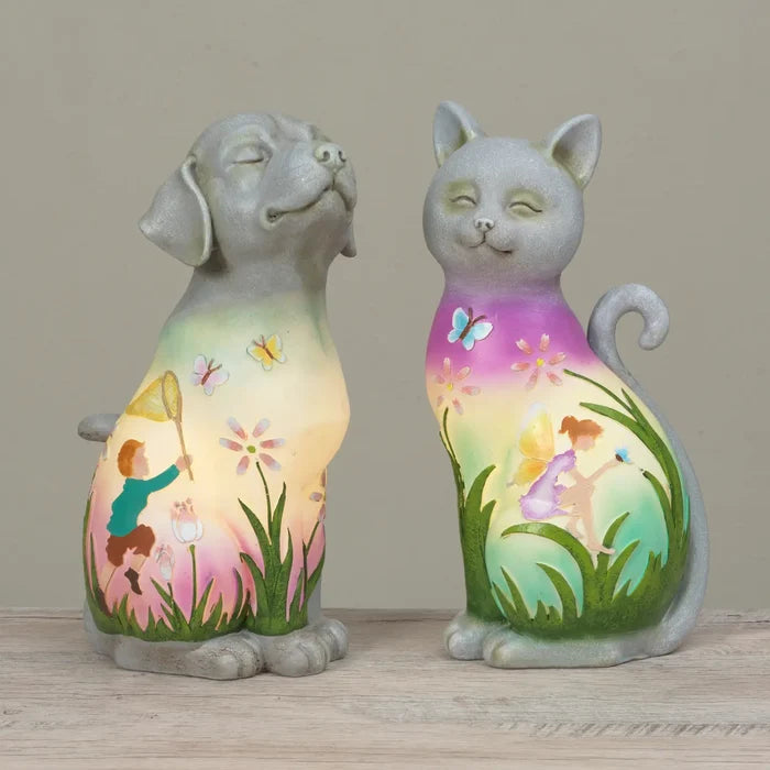12"H Solar Lighted Resin Enchanted Dog & Cat