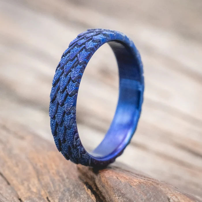 "Echo" - Fire-Treated Titanium Embossed 3D Dragon Scale Wedding Band - Titanium (4mm) - Size 6-Staghead Designs