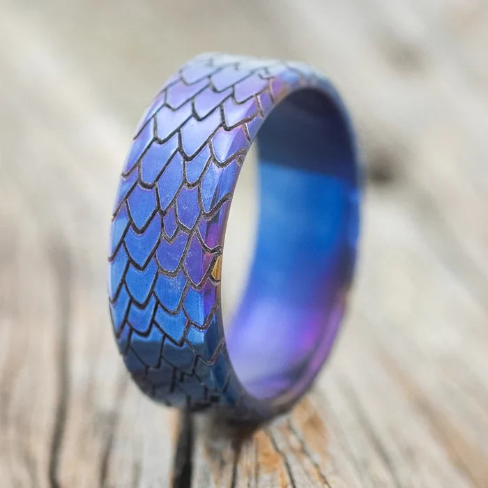 "Echo" - Fire-Treated Titanium Embossed Dragon Scale Wedding Band - Titanium (8mm) - Size 10 1/2-Staghead Designs