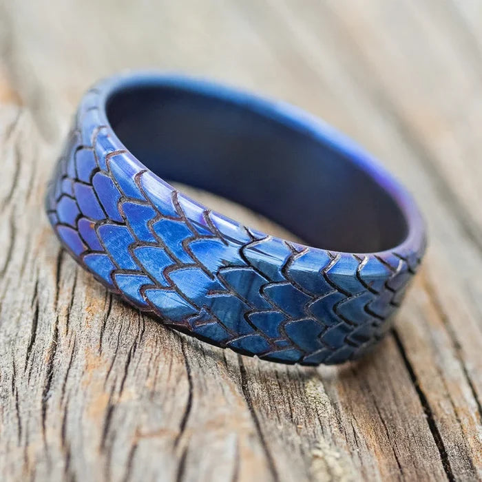"Echo" - Fire-Treated Titanium Embossed Dragon Scale Wedding Band - Titanium (8mm) - Size 10 1/2-Staghead Designs
