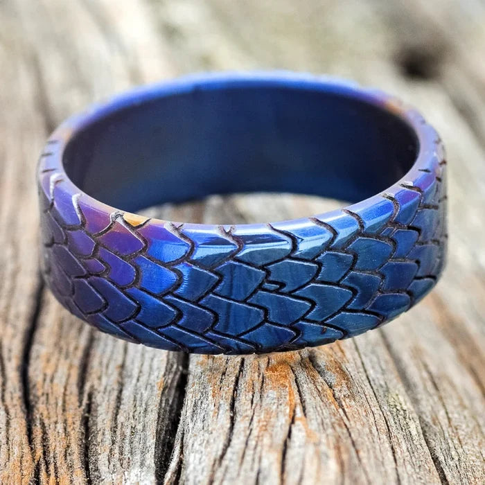 "Echo" - Fire-Treated Titanium Embossed Dragon Scale Wedding Band - Titanium (8mm) - Size 10 1/2-Staghead Designs
