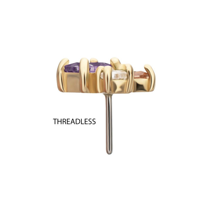 Invictus 14Kt Yellow Gold Threadless 3-Cluster Round, Square & Baguette Prong Set Multi-Gem Top