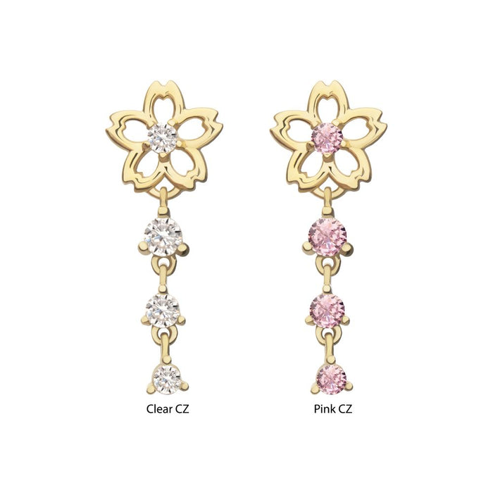 Invictus 14Kt Yellow Gold Threadless Cut Out Cherry Blossom Flower Top with Triple Prong Set Gem Dangle