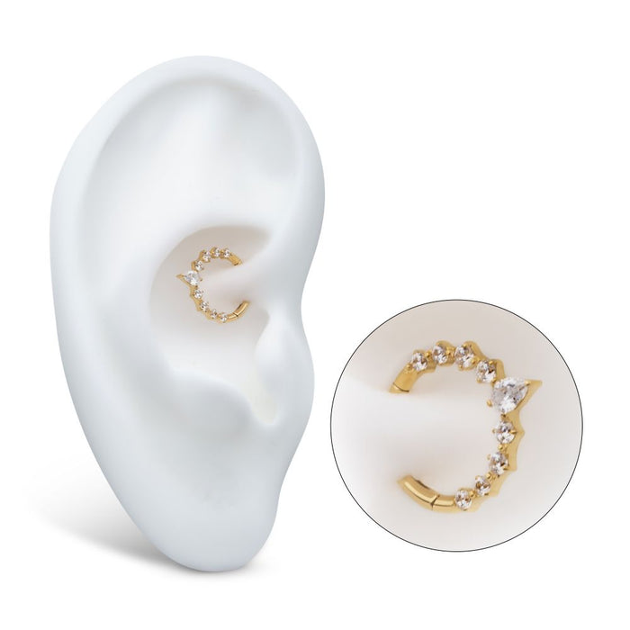 Invictus 24Kt Gold PVD Titanium 9-Cluster Prong Set Round & Teardrop CZ Front Facing Hinged Segment Clicker
