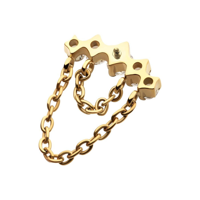 Invictus 24Kt Gold PVD Titanium Internally Threaded 5-Cluster Round AAA CZ Top with 2 Tier Dangle Chain