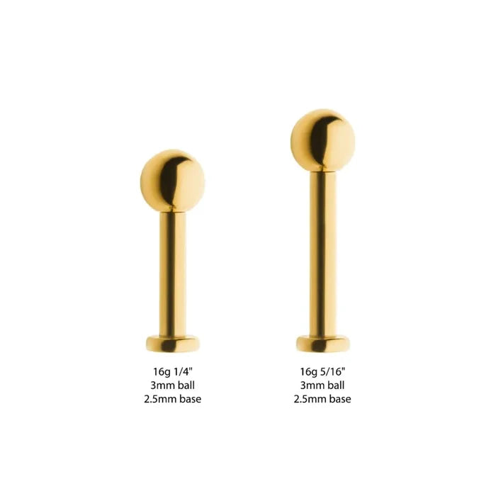Invictus 24KT Gold PVD Titanium Internally Threaded Labret with 2.5mm Flat Base and 3mm Ball