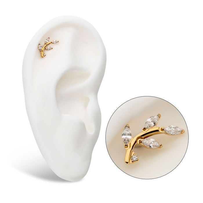 Invictus 24Kt Gold PVD Titanium Internally Threaded Prong Set Marquise CZ Leaf Top
