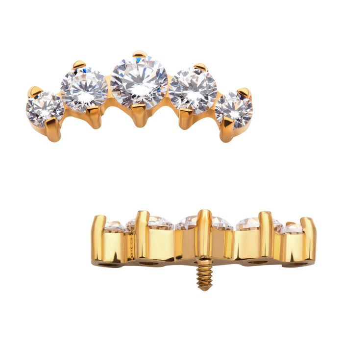 Invictus 24KT Gold PVD Titanium Internally Threaded with Prong Set Clear CZ 5-Cluster Top