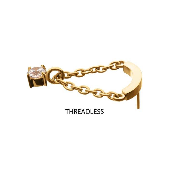 Invictus 24Kt Gold PVD Titanium Threadless Curved Bar Top with Prong Set Gem Chain Dangle