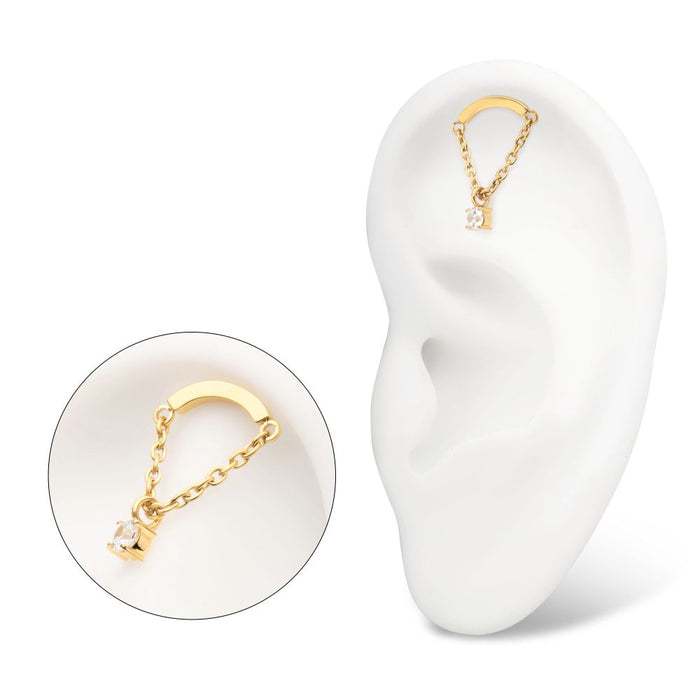 Invictus 24Kt Gold PVD Titanium Threadless Curved Bar Top with Prong Set Gem Chain Dangle