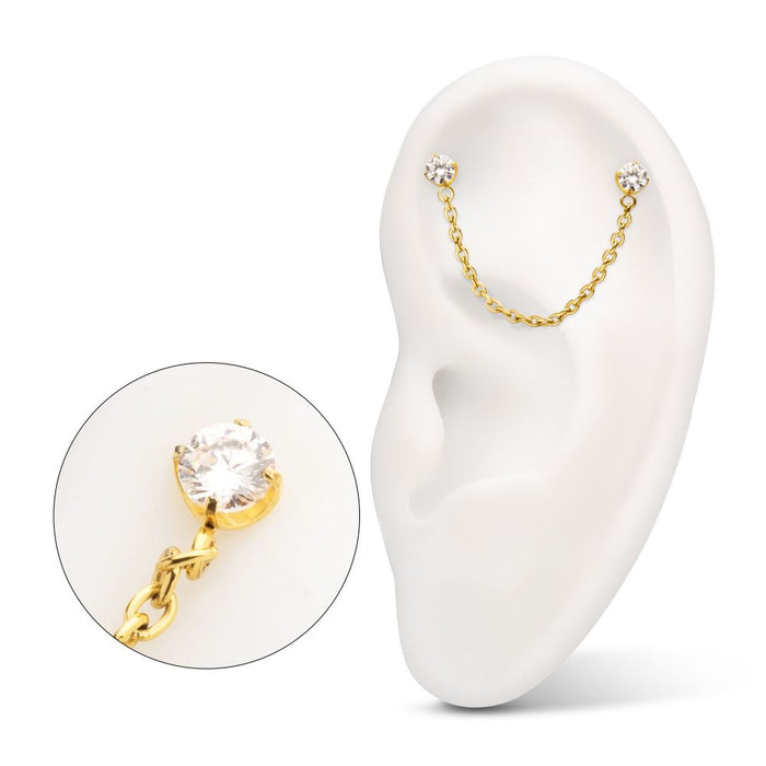 Invictus 24Kt Gold PVD Titanium Threadless Double Prong Set Gem Top with Rolo Chain Dangle