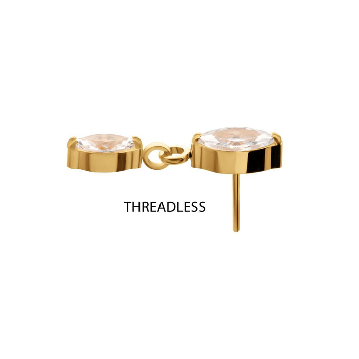 Invictus 24KT Gold PVD Titanium Threadless Prong Set Double Marquise Gem Dangle Top