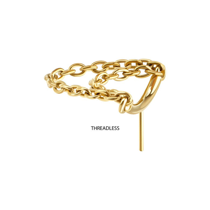 Invictus 24Kt Gold PVD Titanium Threadless Vertical Helix Curved Bar Top with 2-Tier Chain Dangle