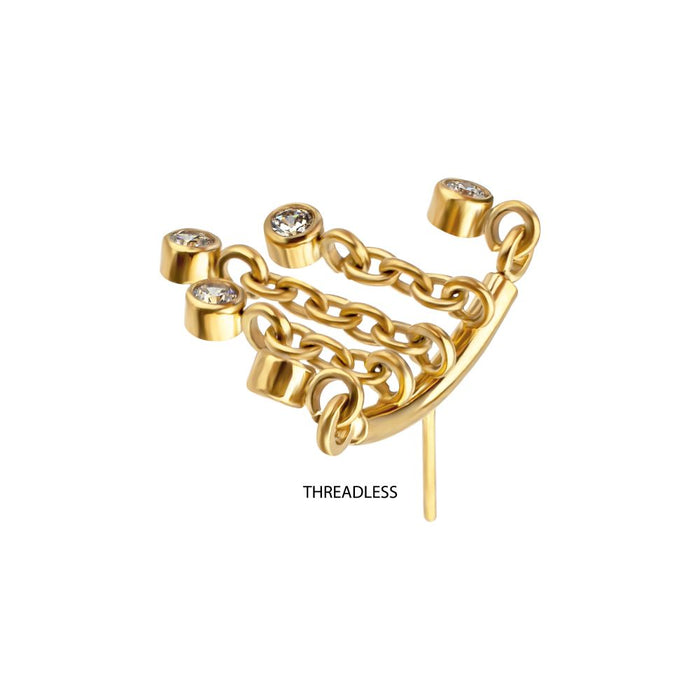 Invictus 24Kt Gold PVD Titanium Threadless Vertical Helix Curved Bar Top with 5-Chain Bezel Gem Dangle