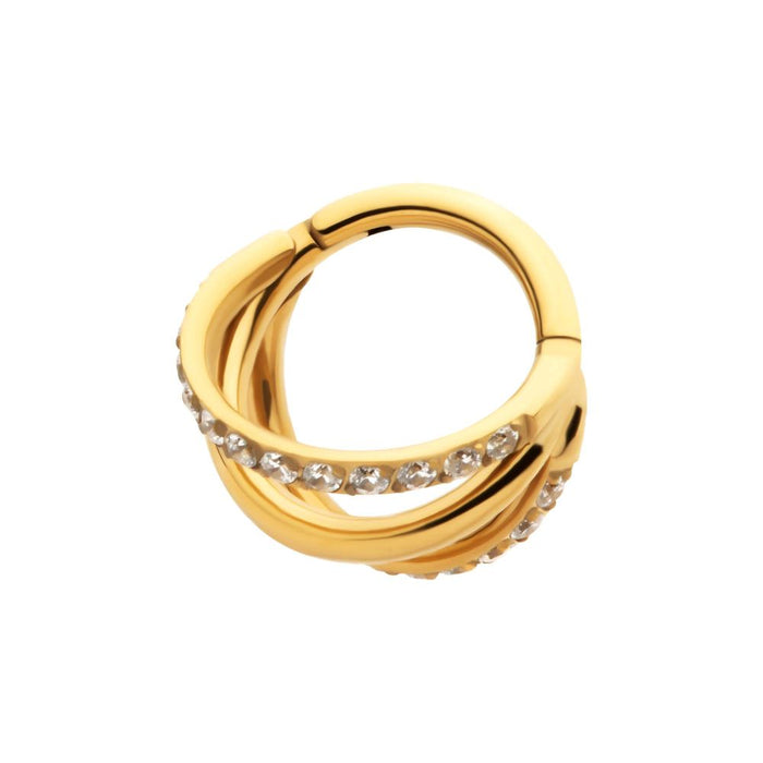 Invictus 24Kt Gold PVD Titanium Triple Hoop with 1mm CNC Set Round Gem in 2 Alternate Hoops Side Facing Hinged Segment Clicker