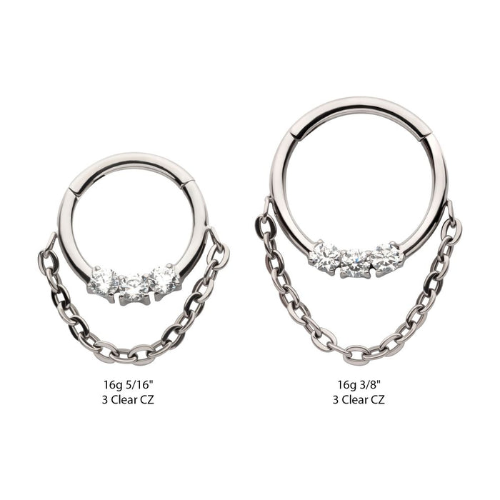 Invictus Titanium 3-Cluster Prong Set Round CZ Front Facing Hinged Segment Clicker with Dangle Chain