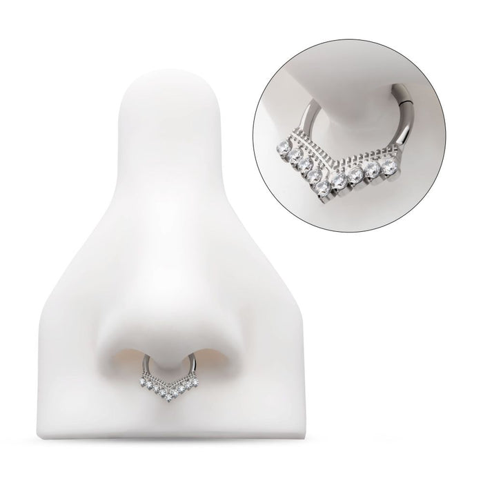 Invictus Titanium 9 Cluster Prong Set Round CZ Chevron Front Facing Hinged Segment Clicker