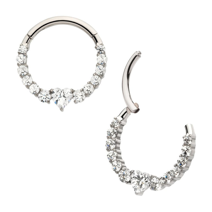 Invictus Titanium Clustered Prong Set Round CZ with Center Heart CZ Front Facing Hinged Segment Clicker