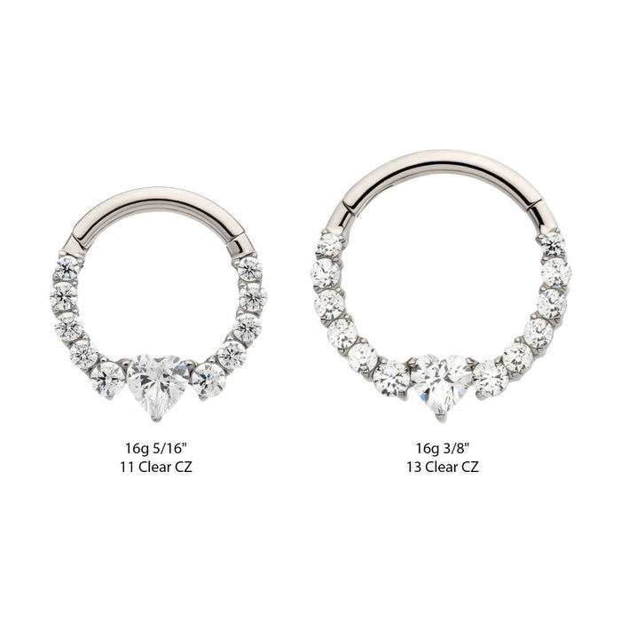 Invictus Titanium Clustered Prong Set Round CZ with Center Heart CZ Front Facing Hinged Segment Clicker