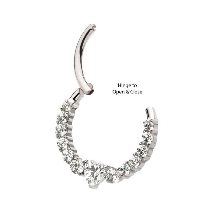 Invictus Titanium Clustered Prong Set Round CZ with Center Heart CZ Front Facing Hinged Segment Clicker