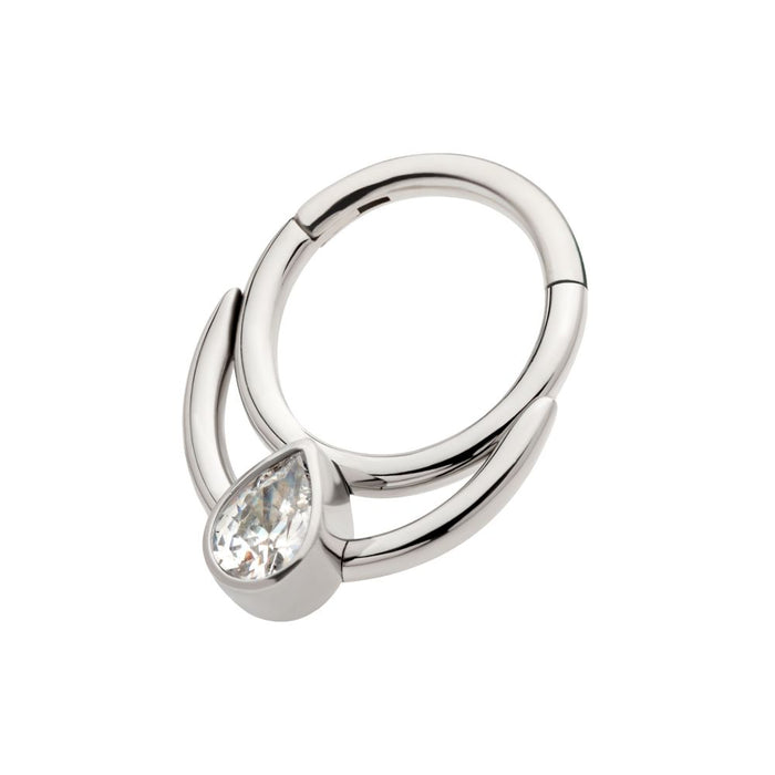 Invictus Titanium Double Hoop with Pear-Shaped Gem Front Facing Hinged Segment Clicker