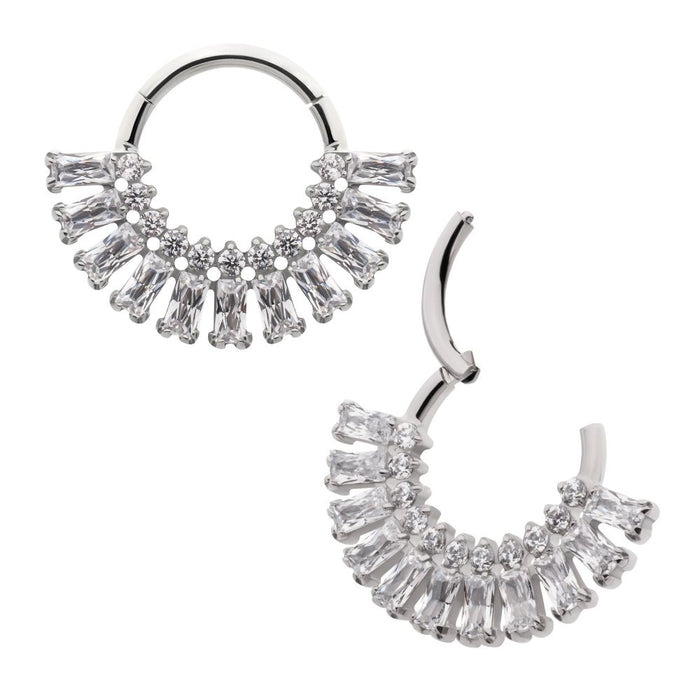 Invictus Titanium Prong Set Baguette & Round Gem Cluster Fan Front Facing Hinged Segment Clickers