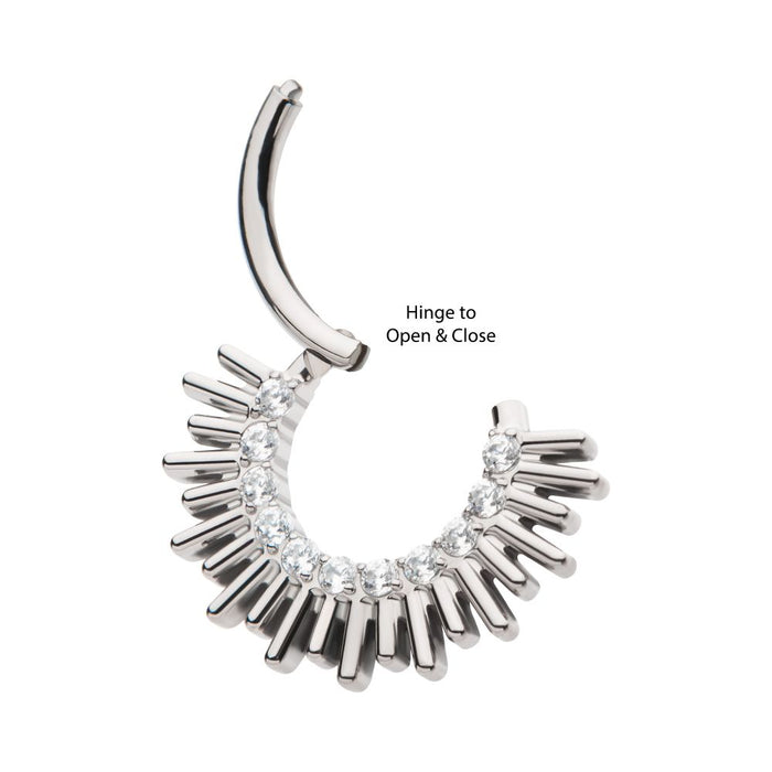 Invictus Titanium Pronged Round CZ Sun Rays Cluster Front Facing Hinged Segment Clicker