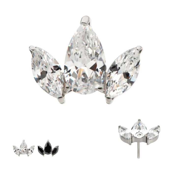 Invictus Titanium Threadless 3 Cluster Top with Prong Set Teardrop & Marquise CZ