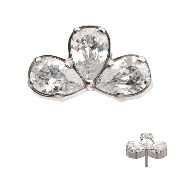 Invictus Titanium Threadless Fan Shape Top with 3 Cluster Prong Set Teardrop CZ