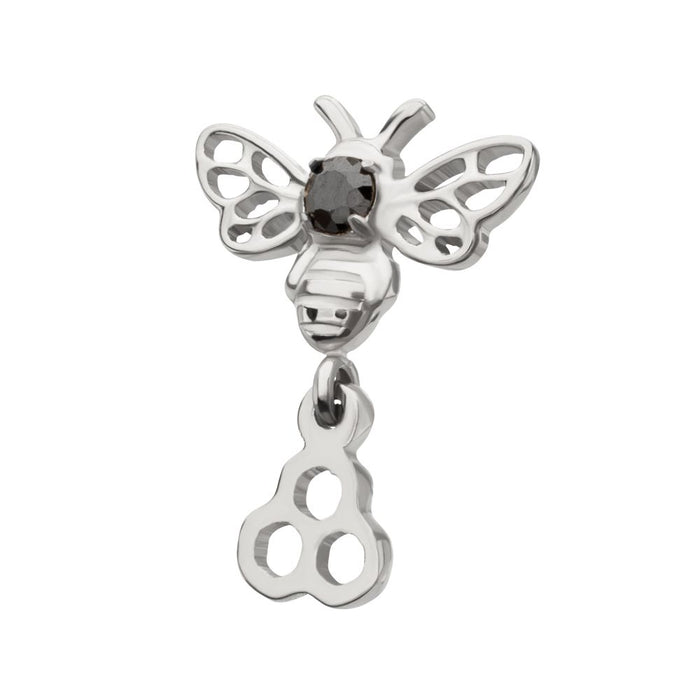 Invictus Titanium Threadless Prong Set Black Gem Bee Top with Honeycomb Dangle