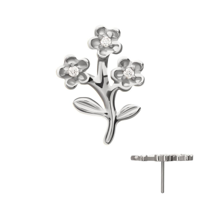 Invictus Titanium Threadless Prong Set Gem Triple Flower & Stem Top