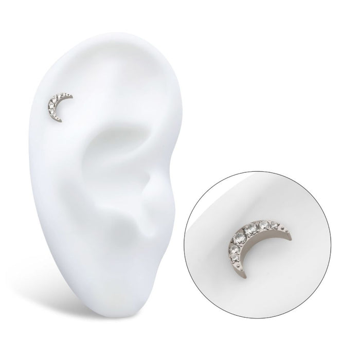 Invictus Titanium Threadless with Pave Set CZ Crescent Moon Top