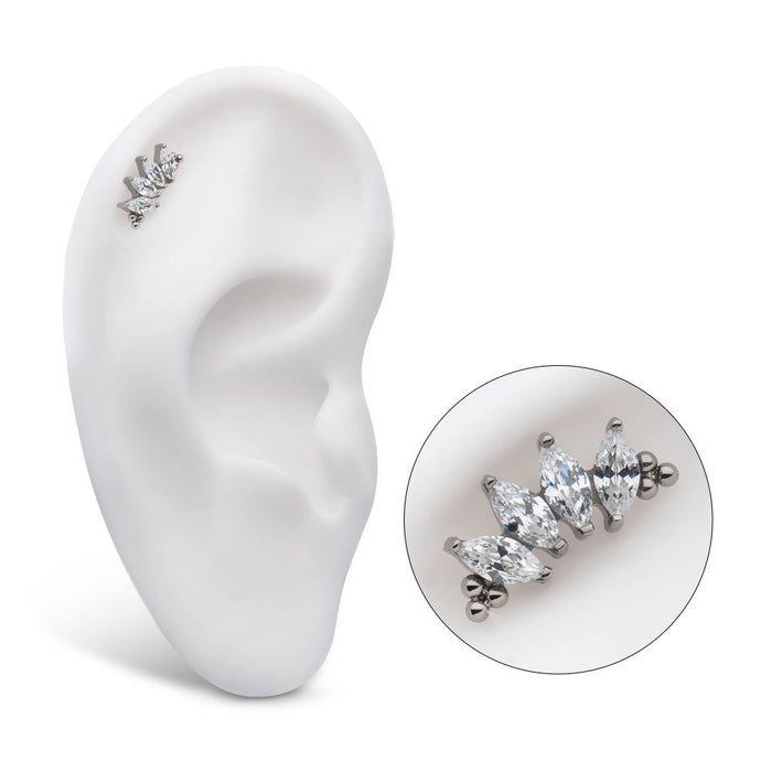 Invictus Titanium Threadless with Tri Beads & Prong Set Marquise CZ 4-Cluster Top