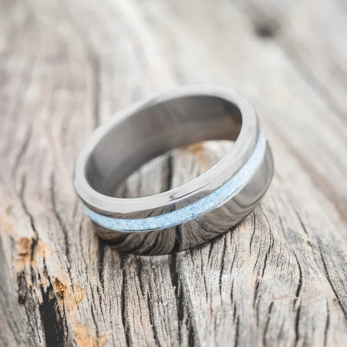 "VERTIGO" - TURQUOISE INLAY WEDDING BAND - TITANIUM - SIZE 8 1/2-3